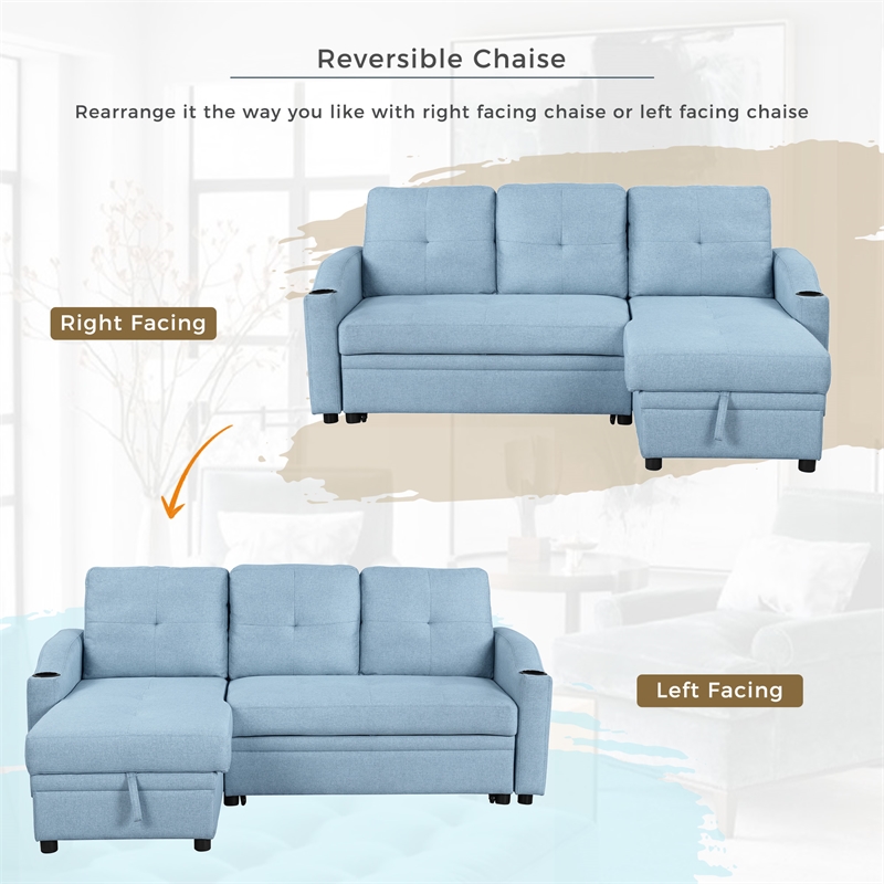 CRO Decor Blue Pull Out Sofa Bed 3 Seater with Storage Recliner and Cup Holder