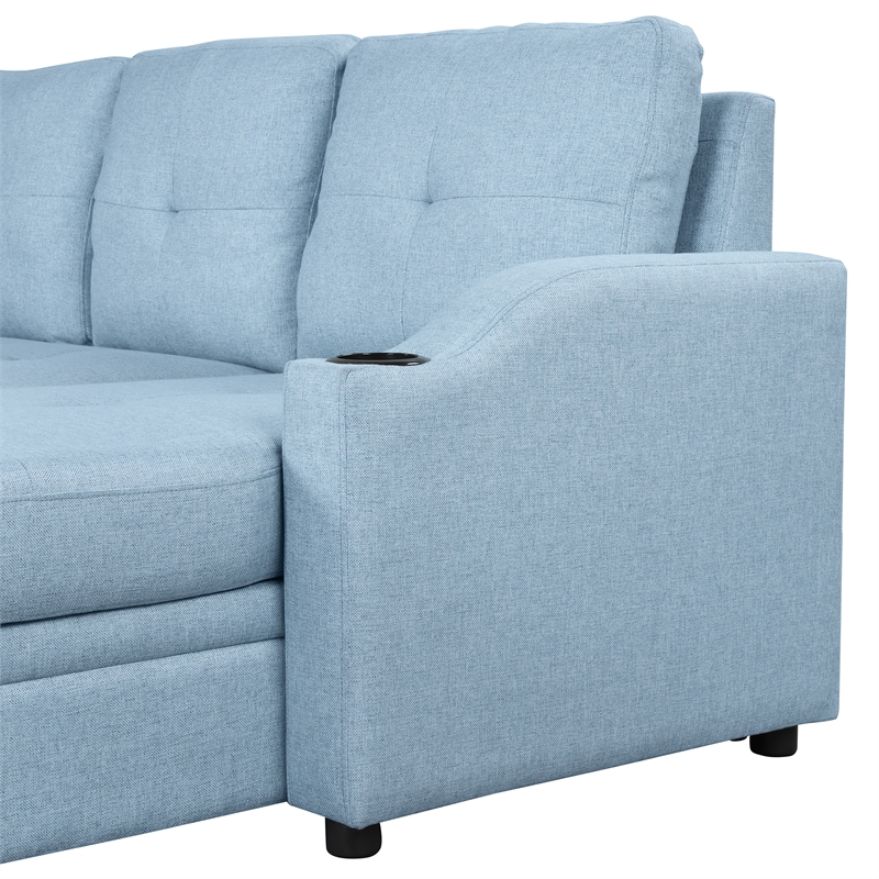 CRO Decor Blue Pull Out Sofa Bed 3 Seater with Storage Recliner and Cup Holder