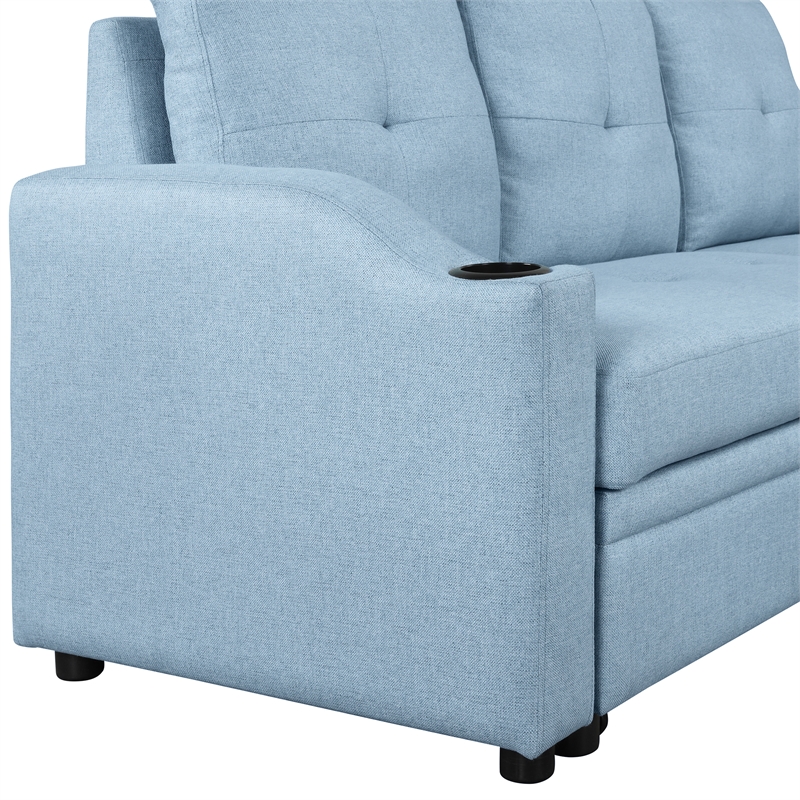 CRO Decor Blue Pull Out Sofa Bed 3 Seater with Storage Recliner and Cup Holder