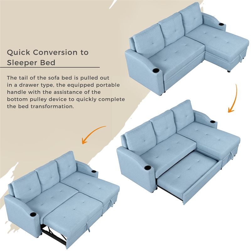 CRO Decor Blue Pull Out Sofa Bed 3 Seater with Storage Recliner and Cup Holder