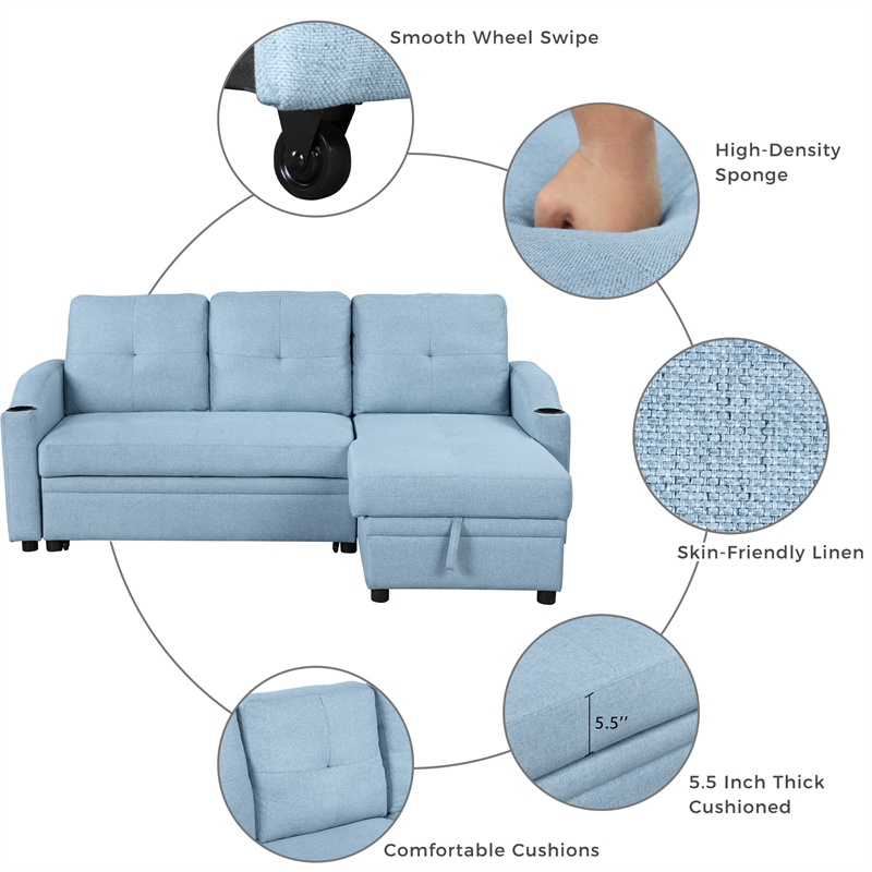 CRO Decor Blue Pull Out Sofa Bed 3 Seater with Storage Recliner and Cup Holder
