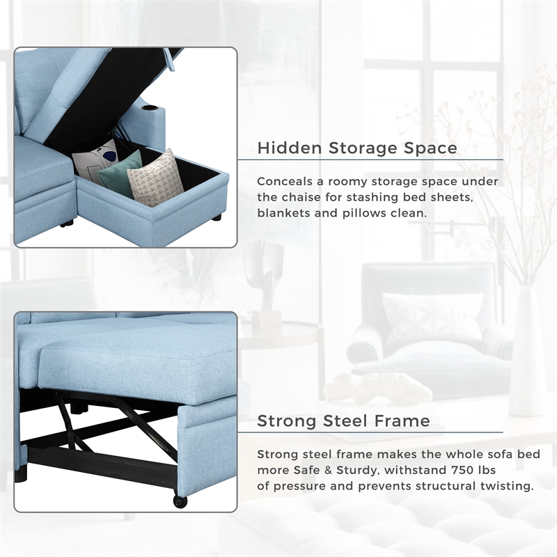 CRO Decor Blue Pull Out Sofa Bed 3 Seater with Storage Recliner and Cup Holder