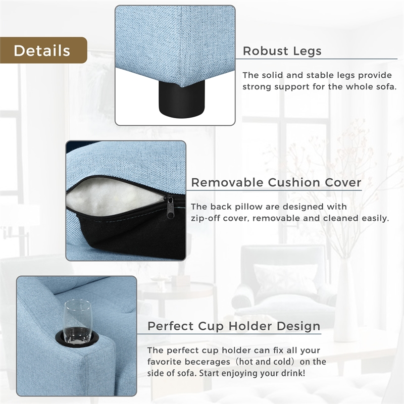 CRO Decor Blue Pull Out Sofa Bed 3 Seater with Storage Recliner and Cup Holder