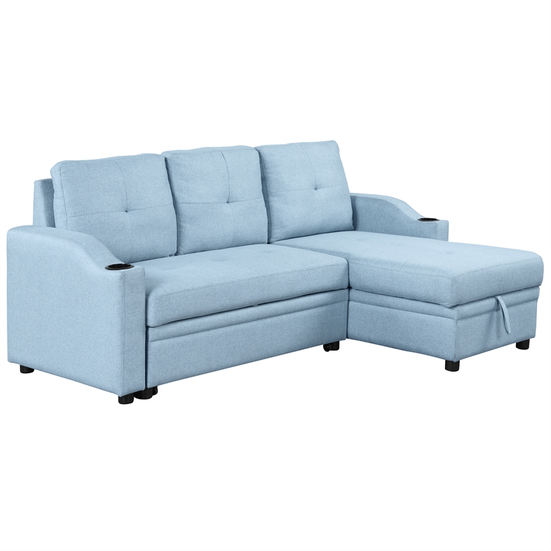 CRO Decor Blue Pull Out Sofa Bed 3 Seater with Storage Recliner and Cup Holder