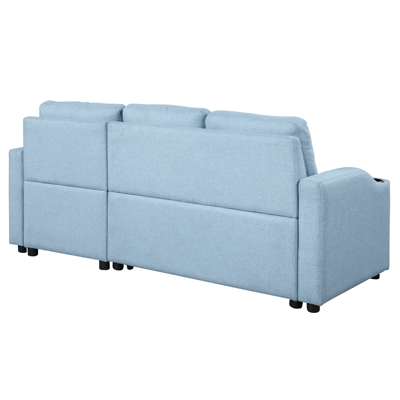 CRO Decor Blue Pull Out Sofa Bed 3 Seater with Storage Recliner and Cup Holder