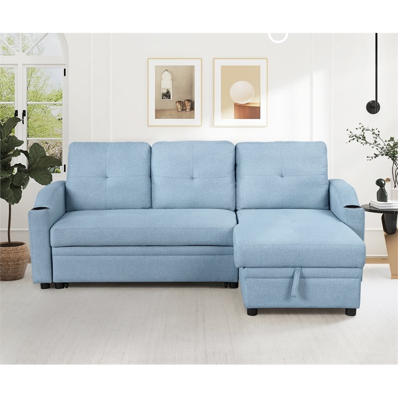 CRO Decor Blue Pull Out Sofa Bed 3 Seater with Storage Recliner and Cup Holder