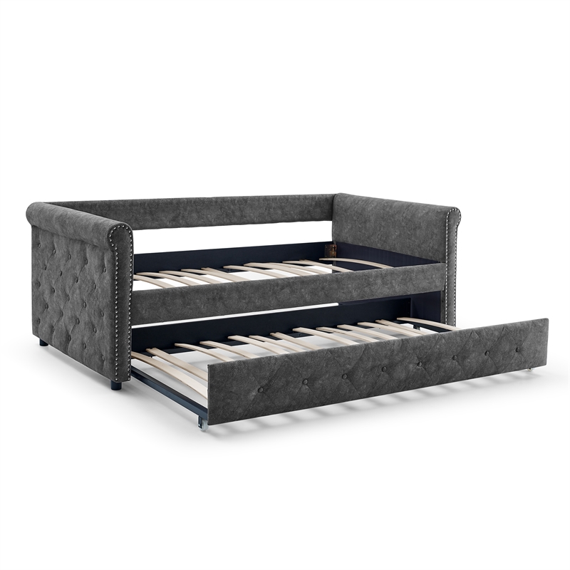 CRO Decor Gray Upholstered Tufted Sofa Bed With Rollers