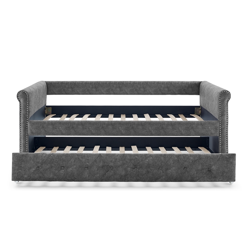 CRO Decor Gray Upholstered Tufted Sofa Bed With Rollers