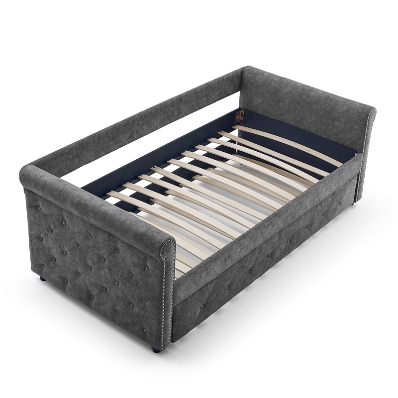 CRO Decor Gray Upholstered Tufted Sofa Bed With Rollers