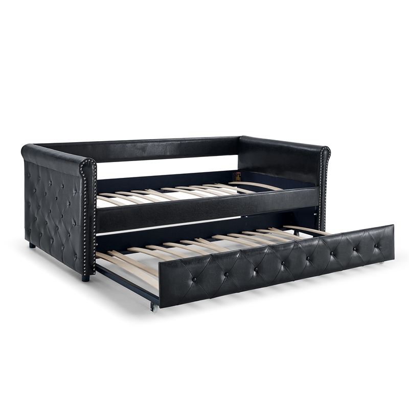 CRO Decor  Black Upholstered Tufted Sofa Bed With Rollers