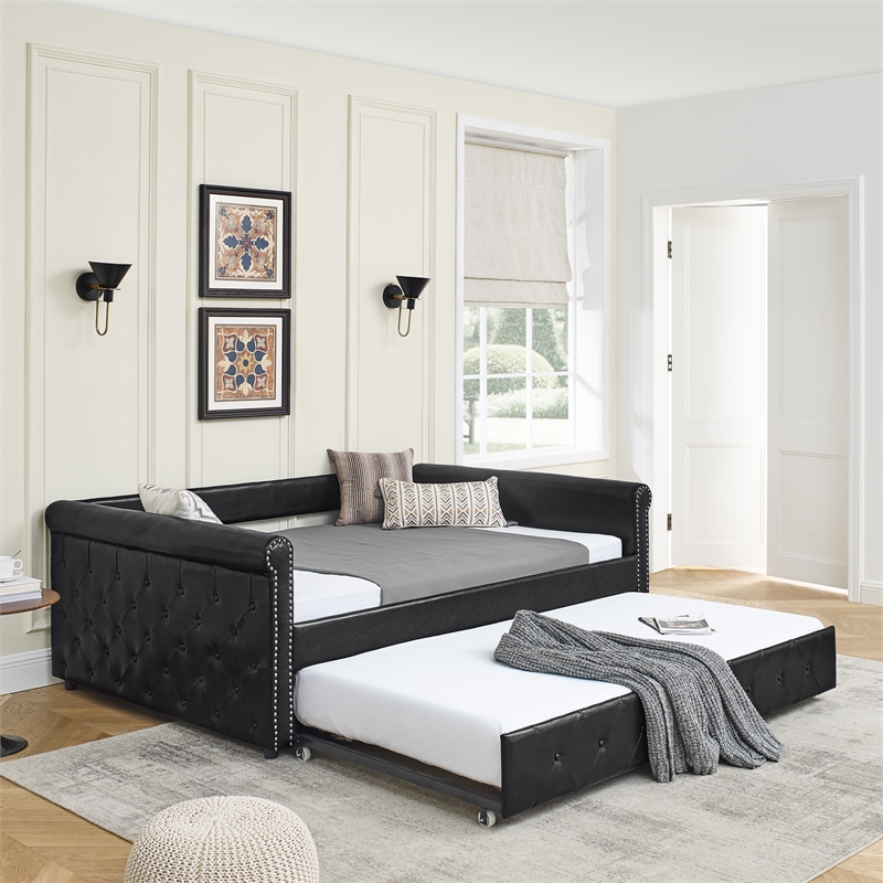 CRO Decor Black Armrest Button Tufted Sofa Bed Frame
