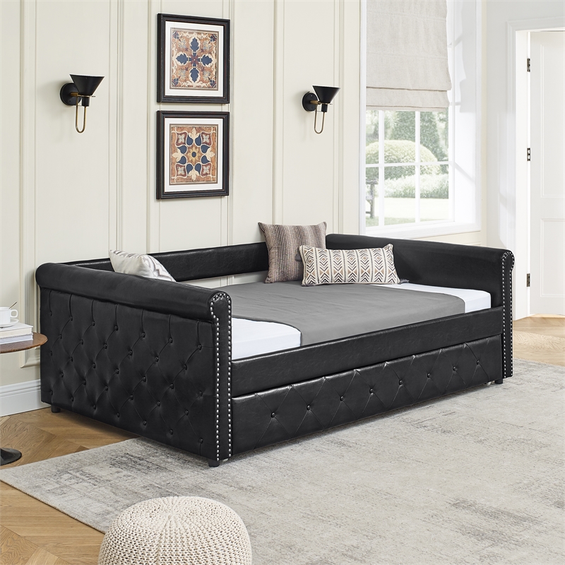 CRO Decor Black Armrest Button Tufted Sofa Bed Frame