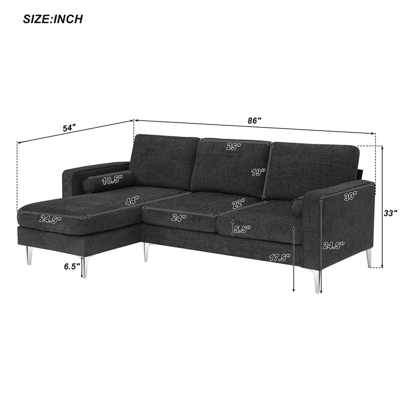 CRO Decor 86-inch modern chenille fabric L-shaped 3-seater sofa(DARK GREY)