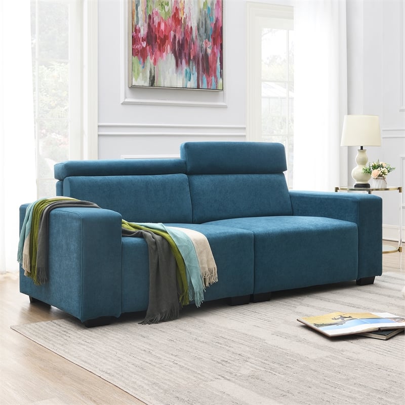 CRO Decor Velvet Adjustable Headrest Double Sofa (Light Blue)