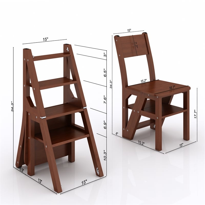 CRO Decor Modern Rubberwood Folding Ladder Chair with Non-Slip Feet in Brown