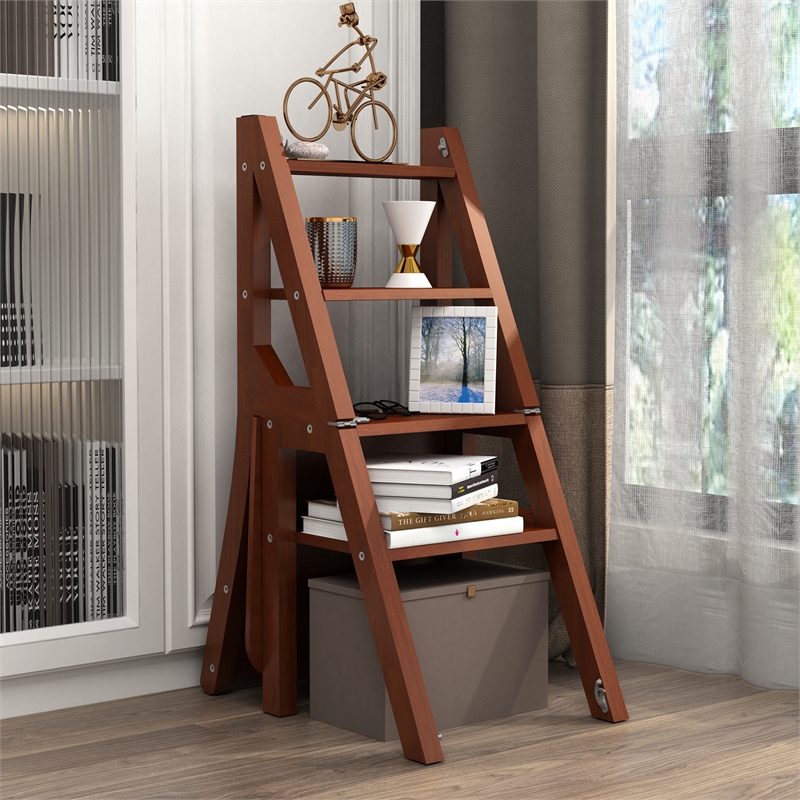 CRO Decor Modern Rubberwood Folding Ladder Chair with Non-Slip Feet in Brown