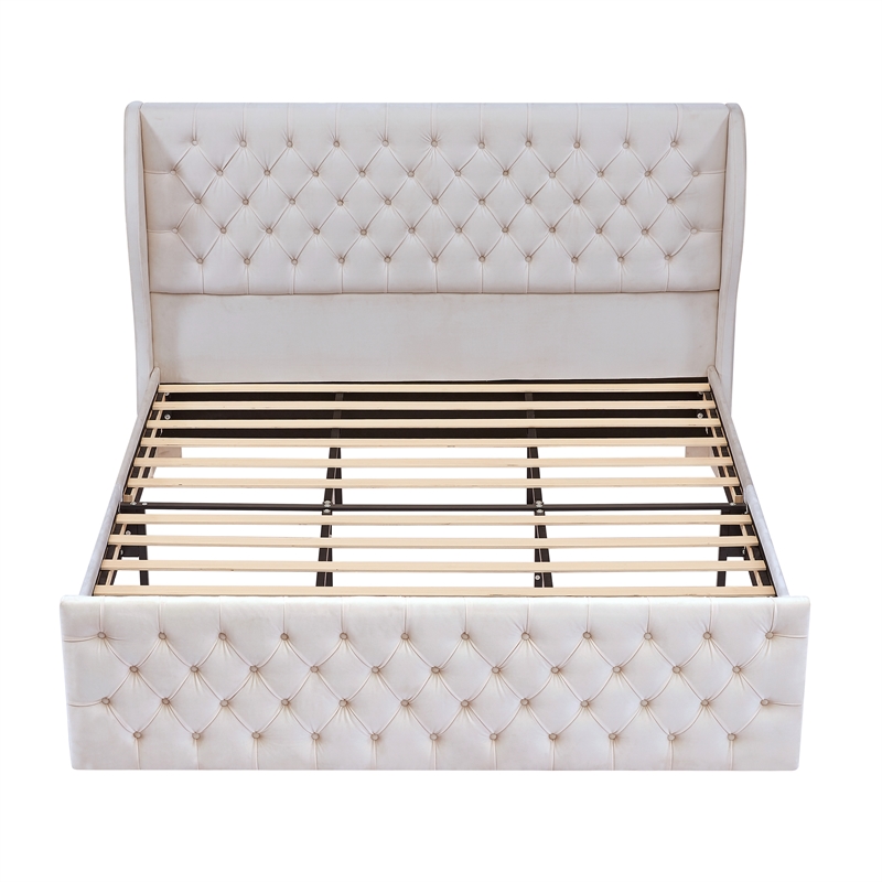 CRO Decor Upholstered Metal & Velvet King Size Chesterfield Bed in White