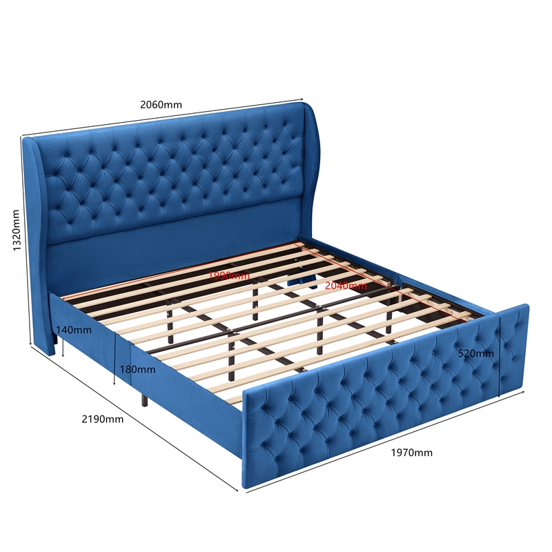 CRO Decor Upholstered Metal & Velvet King Size Chesterfield Bed in Blue