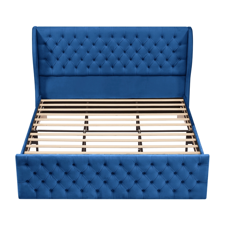 CRO Decor Upholstered Metal & Velvet King Size Chesterfield Bed in Blue