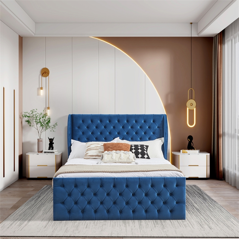 CRO Decor Upholstered Metal & Velvet King Size Chesterfield Bed in Blue