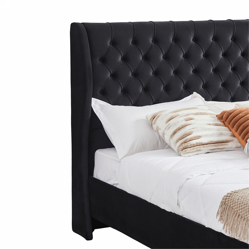 CRO Decor Upholstered Metal & Velvet King Size Chesterfield Bed in Black