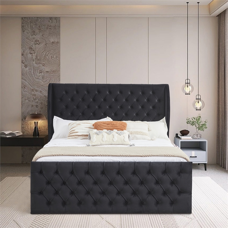 CRO Decor Upholstered Metal & Velvet King Size Chesterfield Bed in Black