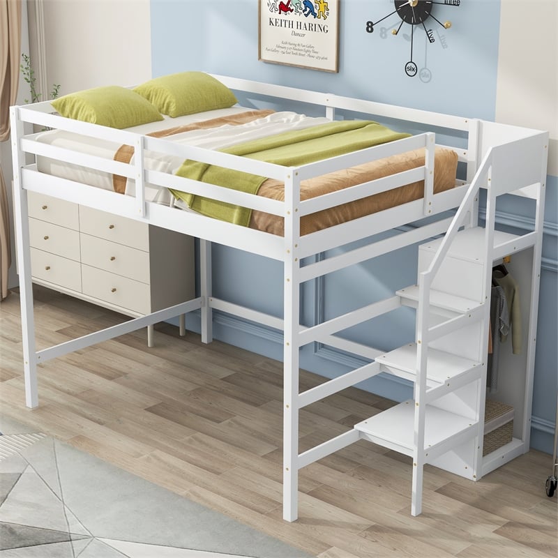 Full Size Loft Bed with Built-in Storage Wardrobe and Staircase