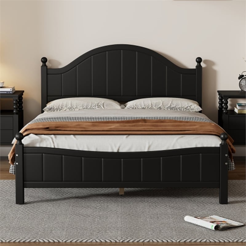 CRO Decor Traditional Concise Style Black Solid Wood Platform Queen Bed