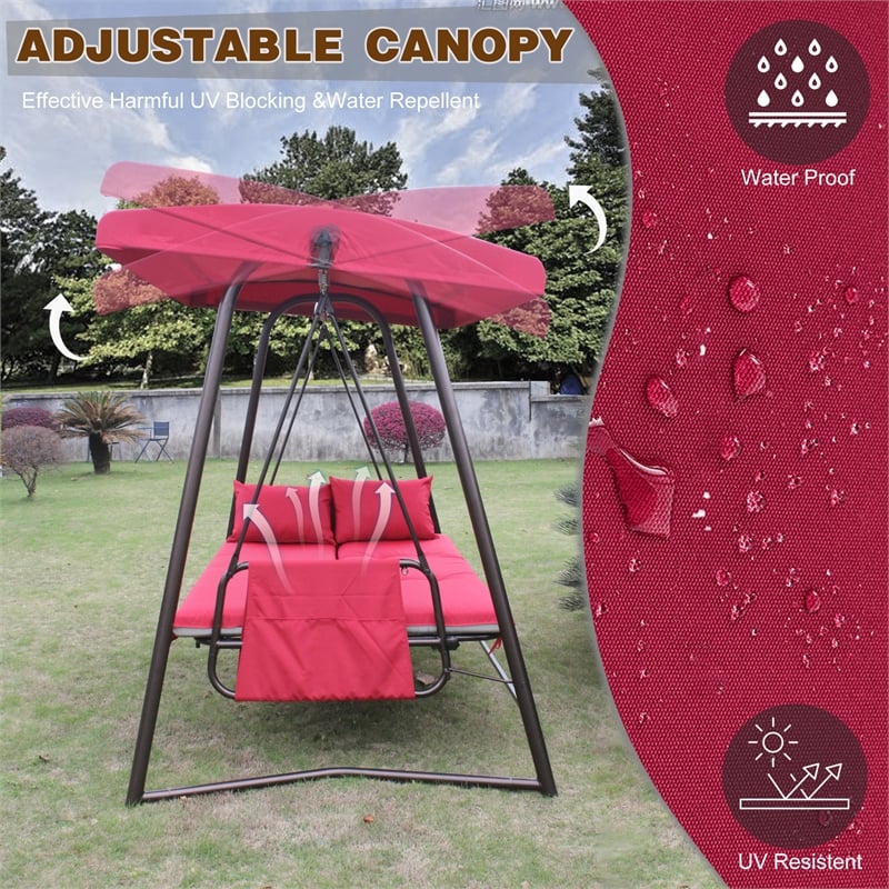 CRO Decor Red Swing Bed with Cushion and Adjustable Roof on Outdoor