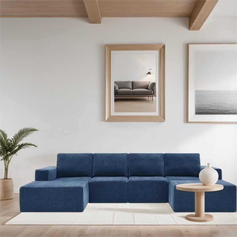 CRO Decor Navy  Luxury Chenille Velvet U-shaped Combination Floor Sofa