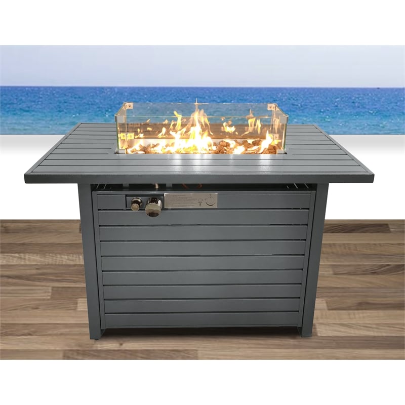 CRO Decor 11'' H x 42'' L Steel Propane Outdoor Gray Fire Pit Table with Lid