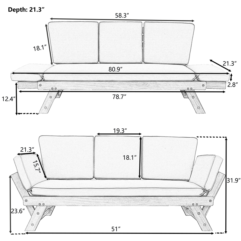 CRO Decor Outdoor Adjustable Patio Wooden Sofa Chaise Lounge with Beige Cushion
