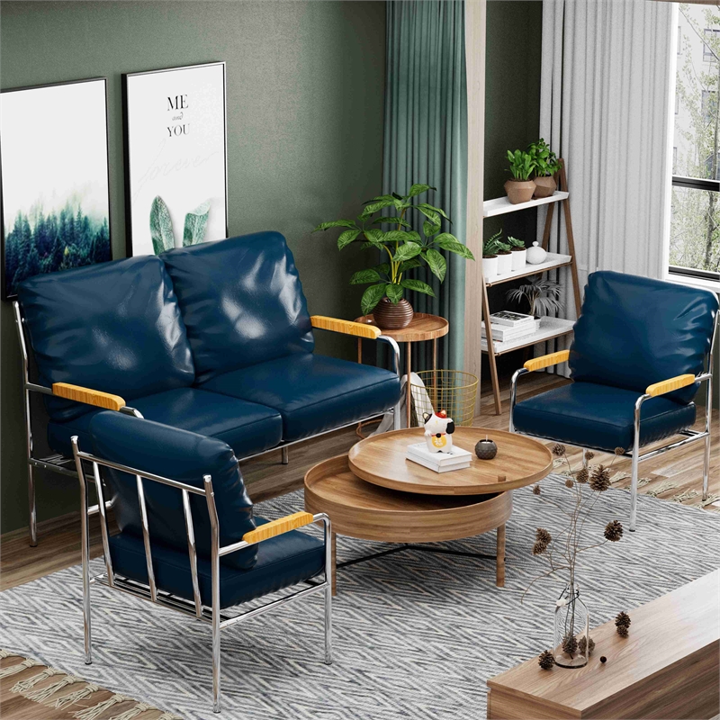 Faux Leather Armchair Stainless Steel Frame-Blue (1 Love Seat & 1 Accent Chair)