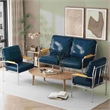 Faux Leather Armchair Stainless Steel Frame-Blue (1 Love Seat & 1 Accent Chair)
