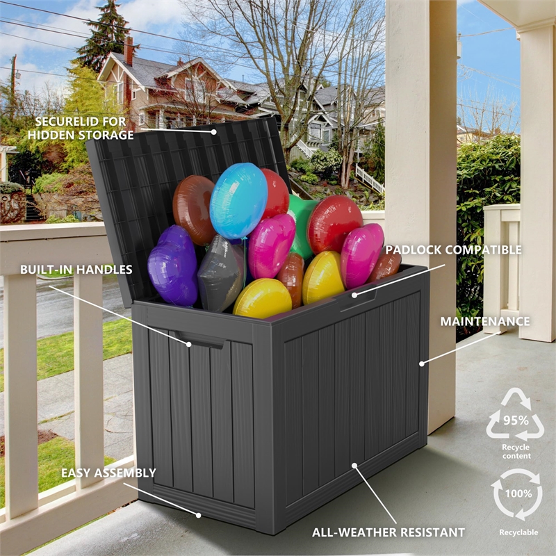 45-Gallon Weatherproof Outdoor Storage Box with Woodgrain Finish - Black Resin