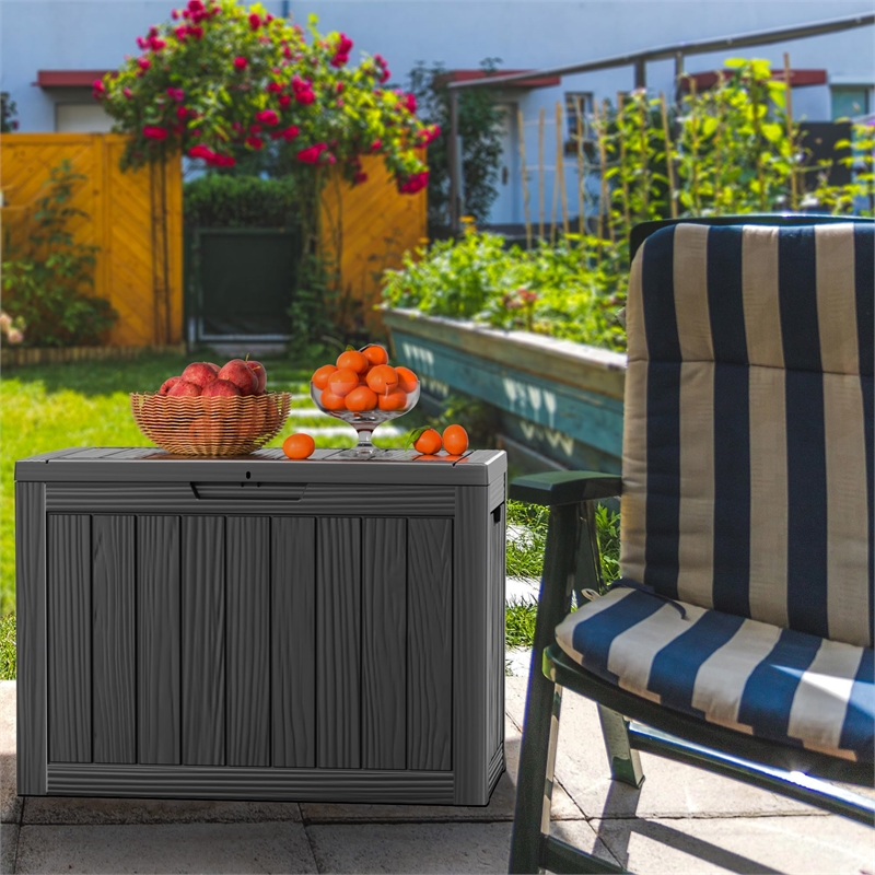 45-Gallon Weatherproof Outdoor Storage Box with Woodgrain Finish - Black Resin