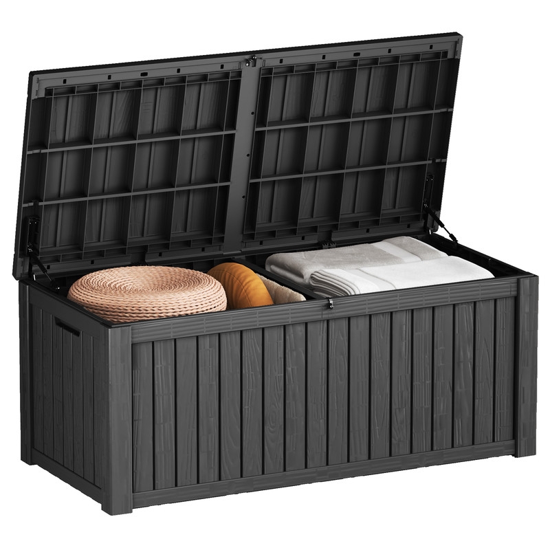 72-Gallon Weatherproof Outdoor Storage Box with Woodgrain Finish - Black Resin