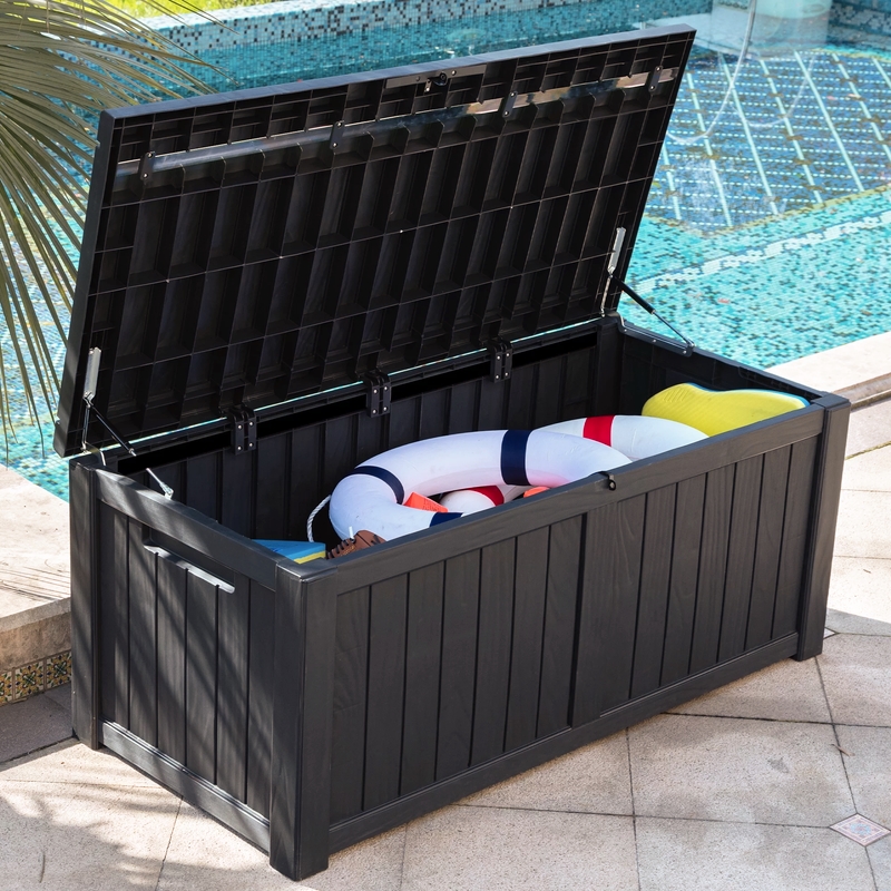 72-Gallon Weatherproof Outdoor Storage Box with Woodgrain Finish - Black Resin