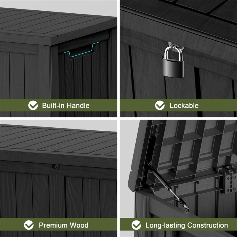 72-Gallon Weatherproof Outdoor Storage Box with Woodgrain Finish - Black Resin