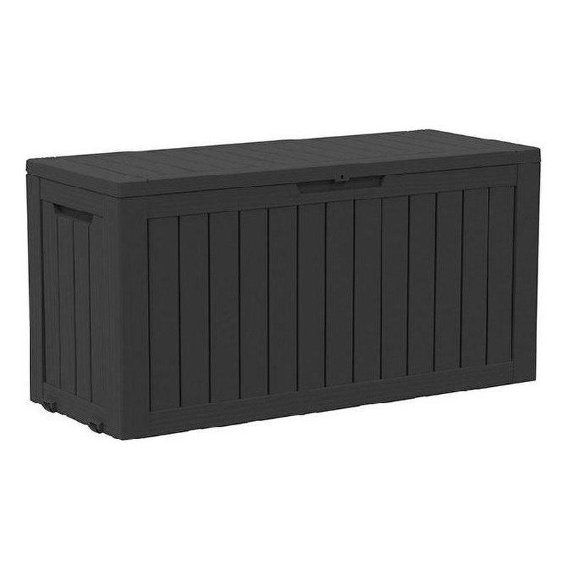 72-Gallon Weatherproof Outdoor Storage Box with Woodgrain Finish - Black Resin