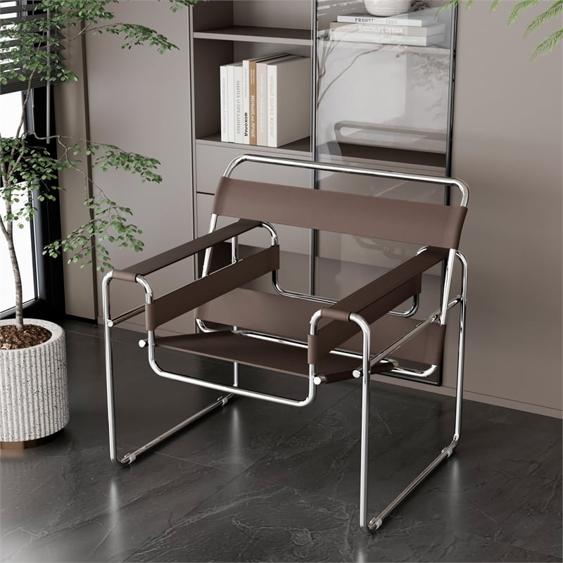 Saddle Leather Armchair Stainless Steel Frame Accent Chair - Brown