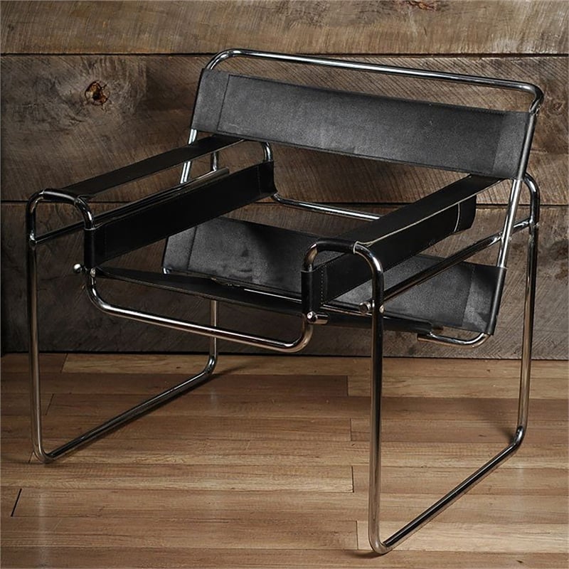 Saddle Leather Armchair Stainless Steel Frame Accent Chair - Black