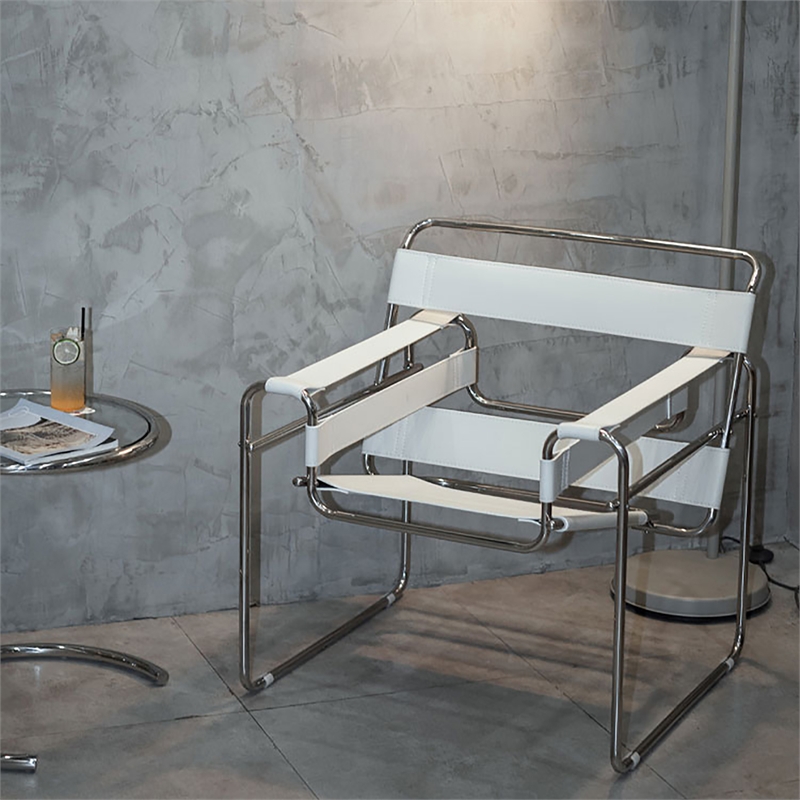 Saddle Leather Armchair Stainless Steel Frame Accent Chair - White