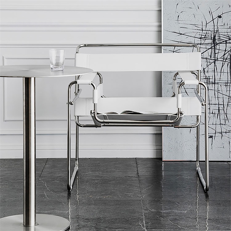 Saddle Leather Armchair Stainless Steel Frame Accent Chair - White