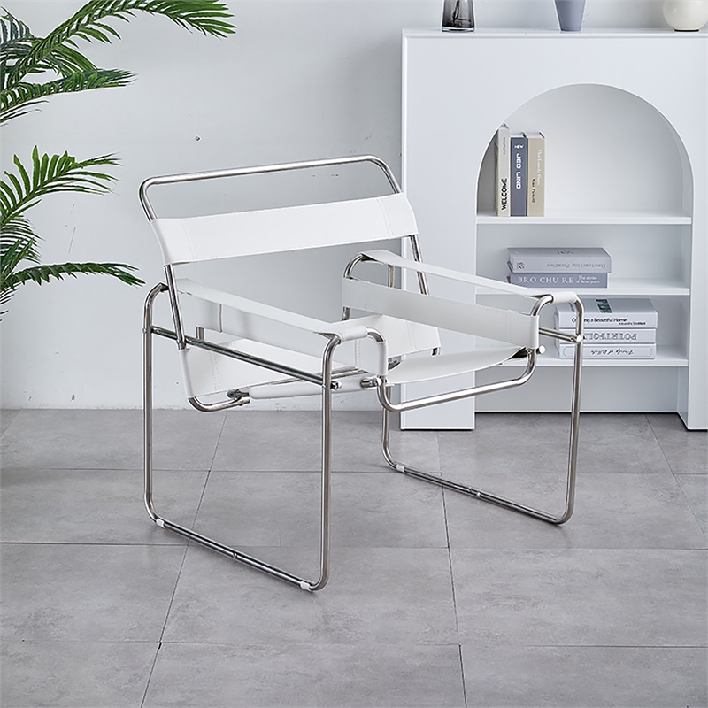 Saddle Leather Armchair Stainless Steel Frame Accent Chair - White