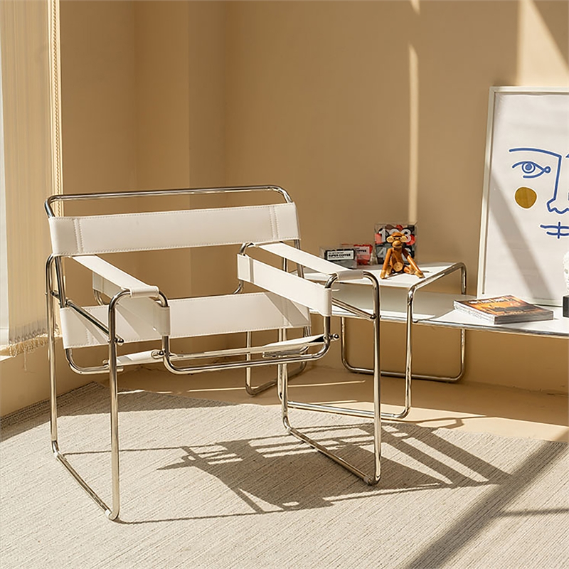 Saddle Leather Armchair Stainless Steel Frame Accent Chair - White