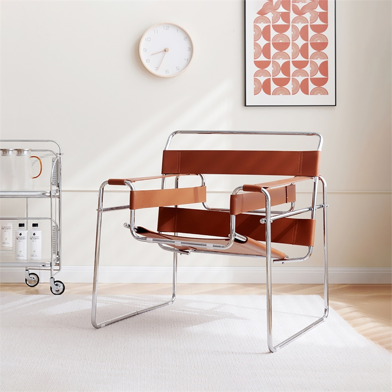 Saddle Leather Armchair Stainless Steel Frame Accent Chair - Amber