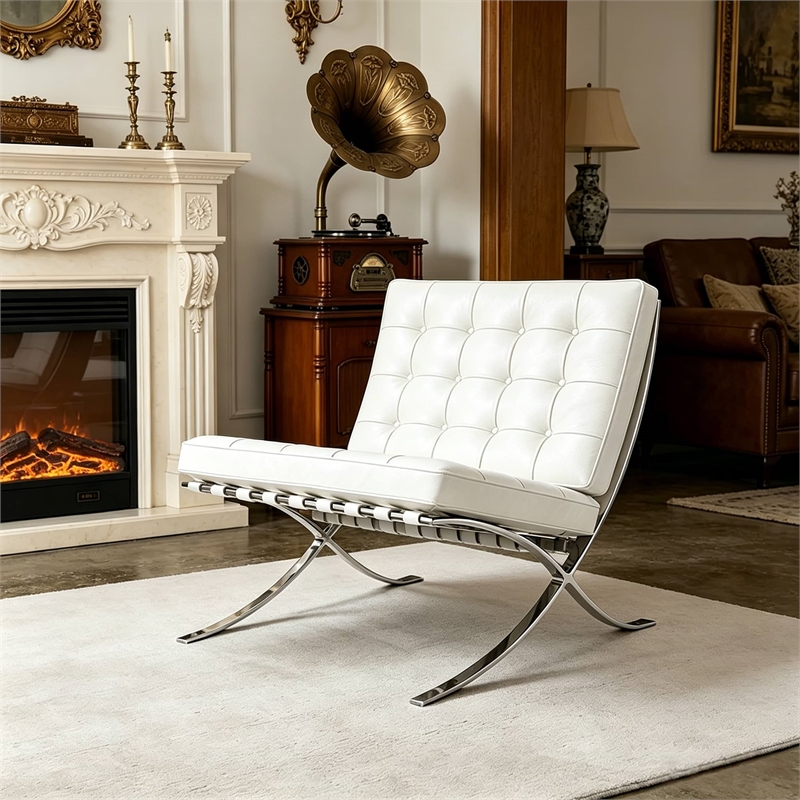 CRO Decor Mid Century Leather White Recliner Chair with Stainless Steel Frame