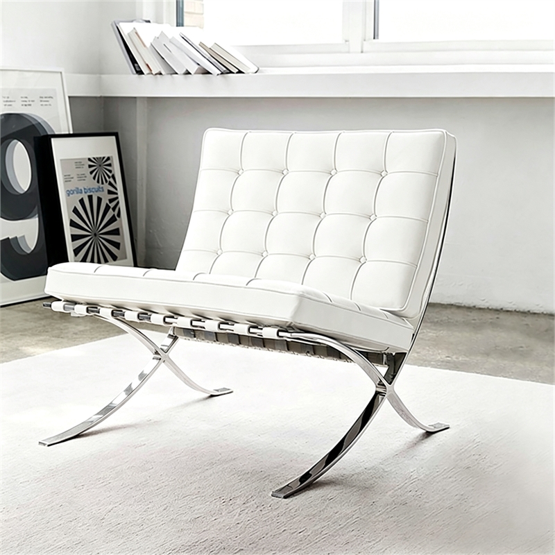 CRO Decor Mid Century Leather White Recliner Chair with Stainless Steel Frame