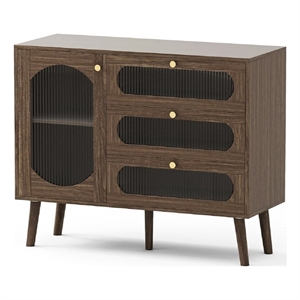 Brown Mid-Century Buffet Cabinet with Arched Glass Doors & 3 Soft-Close Drawers